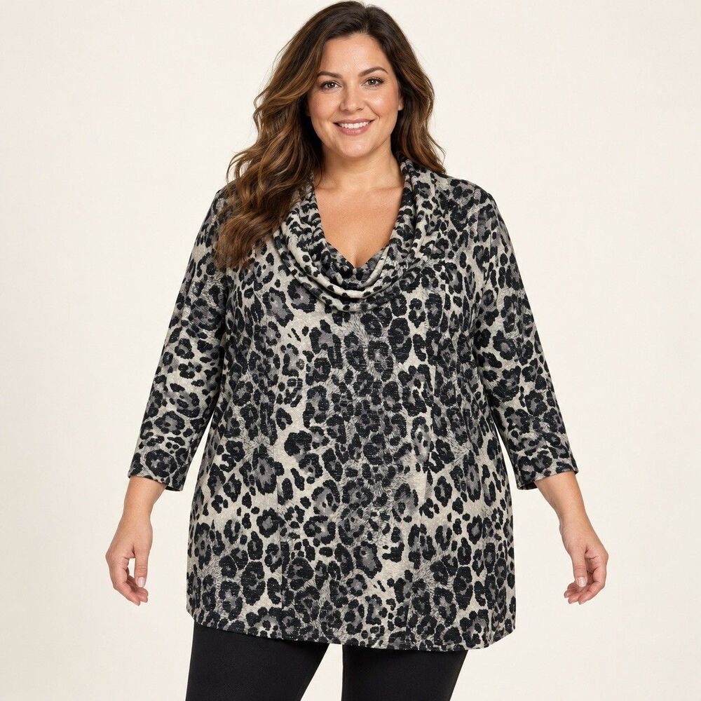 ROZ & ALI Womens 2X Gray Black Leopard Print Cowl Neck 3/4 Sleeve Tunic